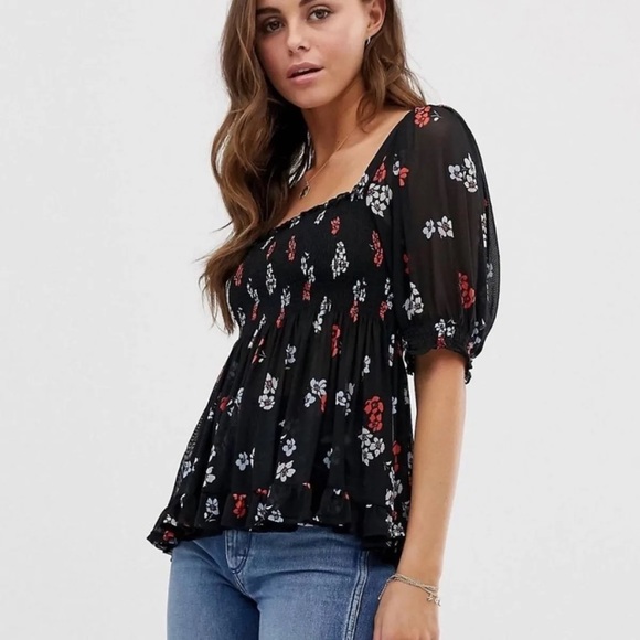 Free People Delta Dawn Floral Print Smocked Mesh Top - Picture 3 of 11